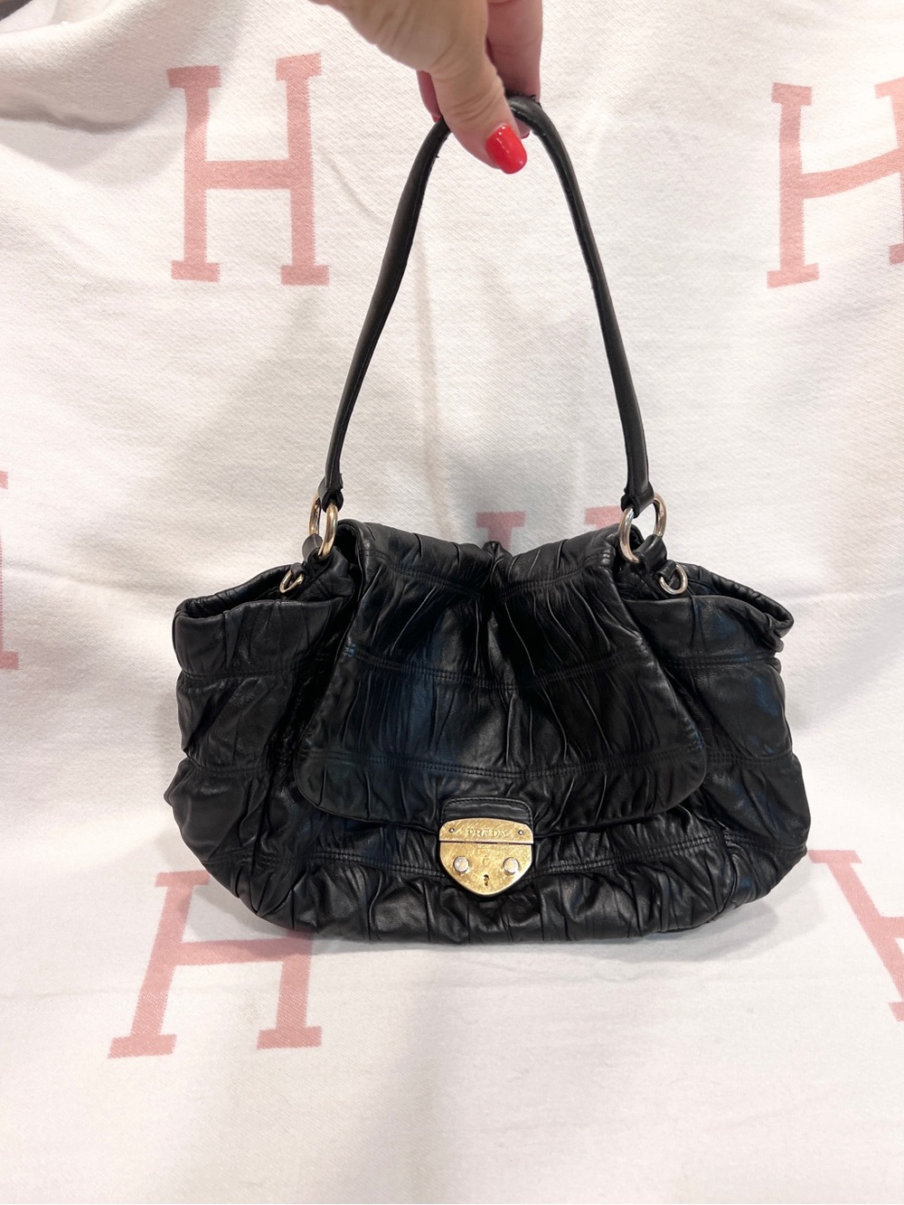 PRADA⭐️ Ruched Leather Shoulder Bag with Gold Turn-Lock!